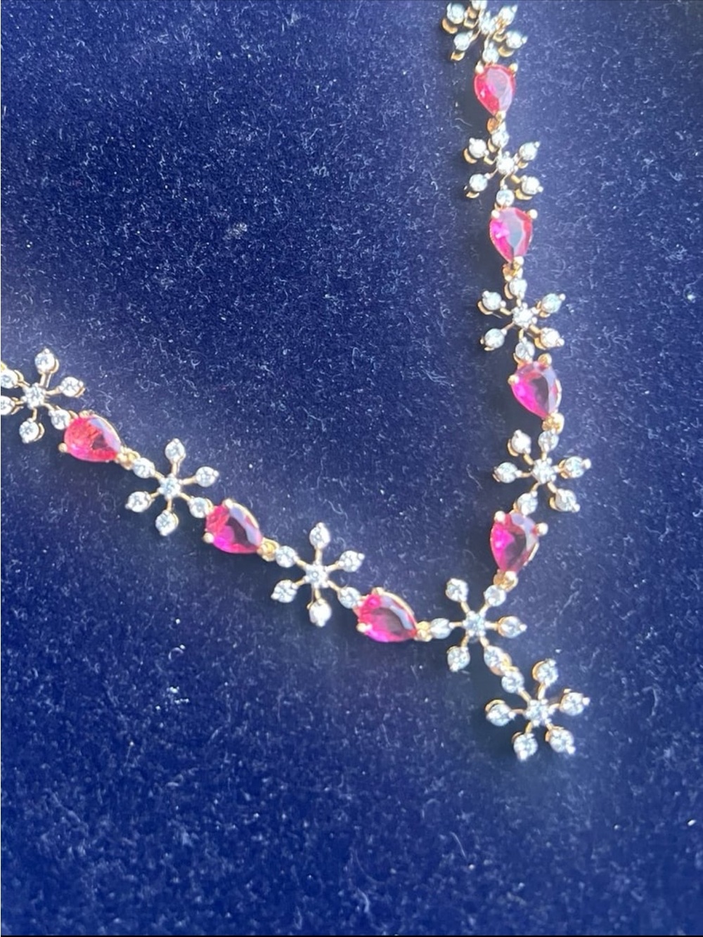 Gorgeous hot pink ruby tear drop crystal necklace with floral swarovski elements